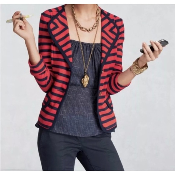 Cabi Women Sz S Red Navy Nautical Striped Knit Blazer Jacket Gold Anchor Buttons - Picture 2 of 10